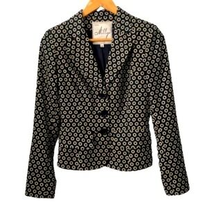 Milly of NY 100% cotton crop 3 button lined nvy cir print jacket w peplum SZ 4